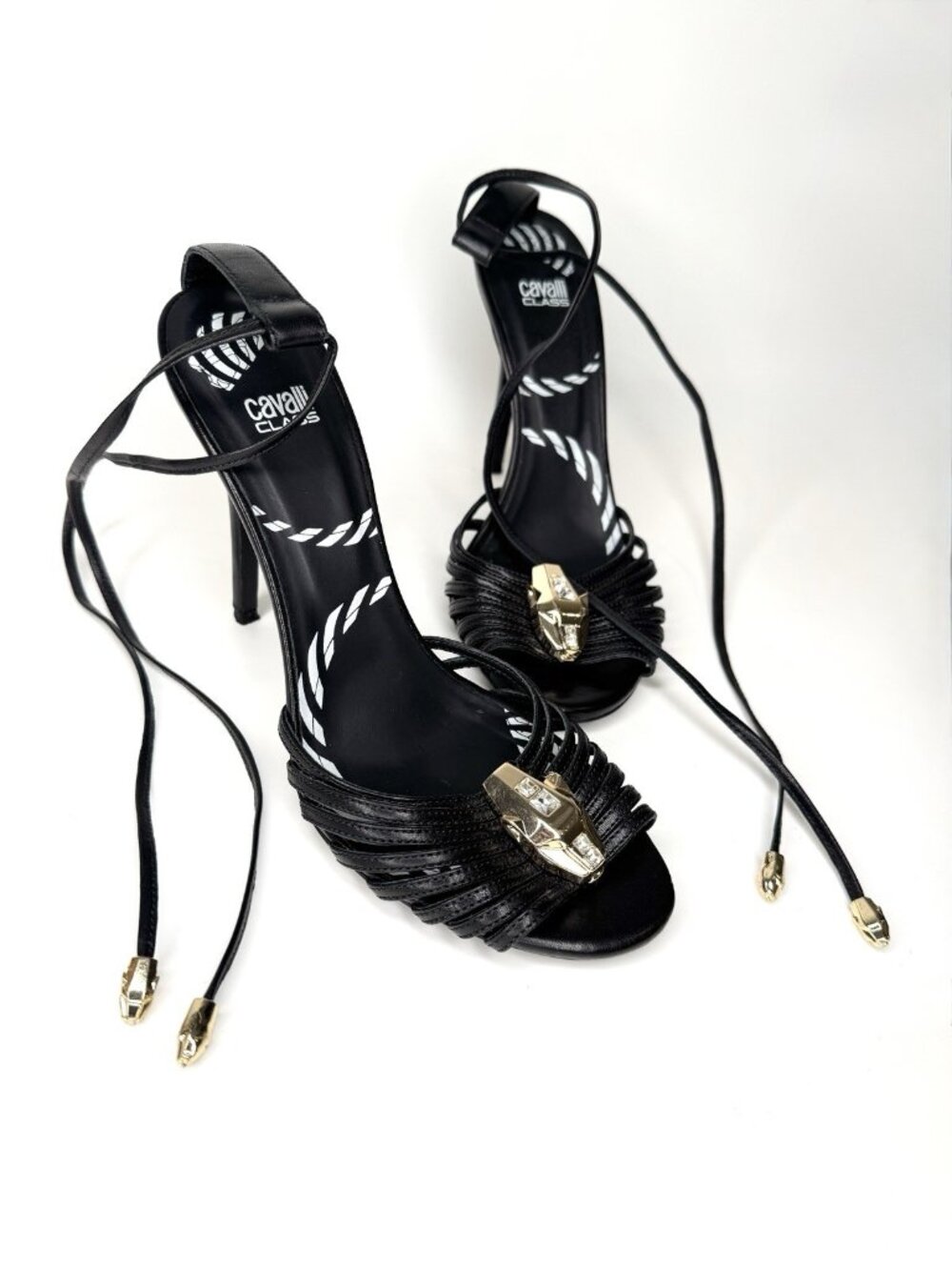 Cavalli Class EU 37 Black Gold Panther Lace-Up Strappy Open Toe Stiletto Heels